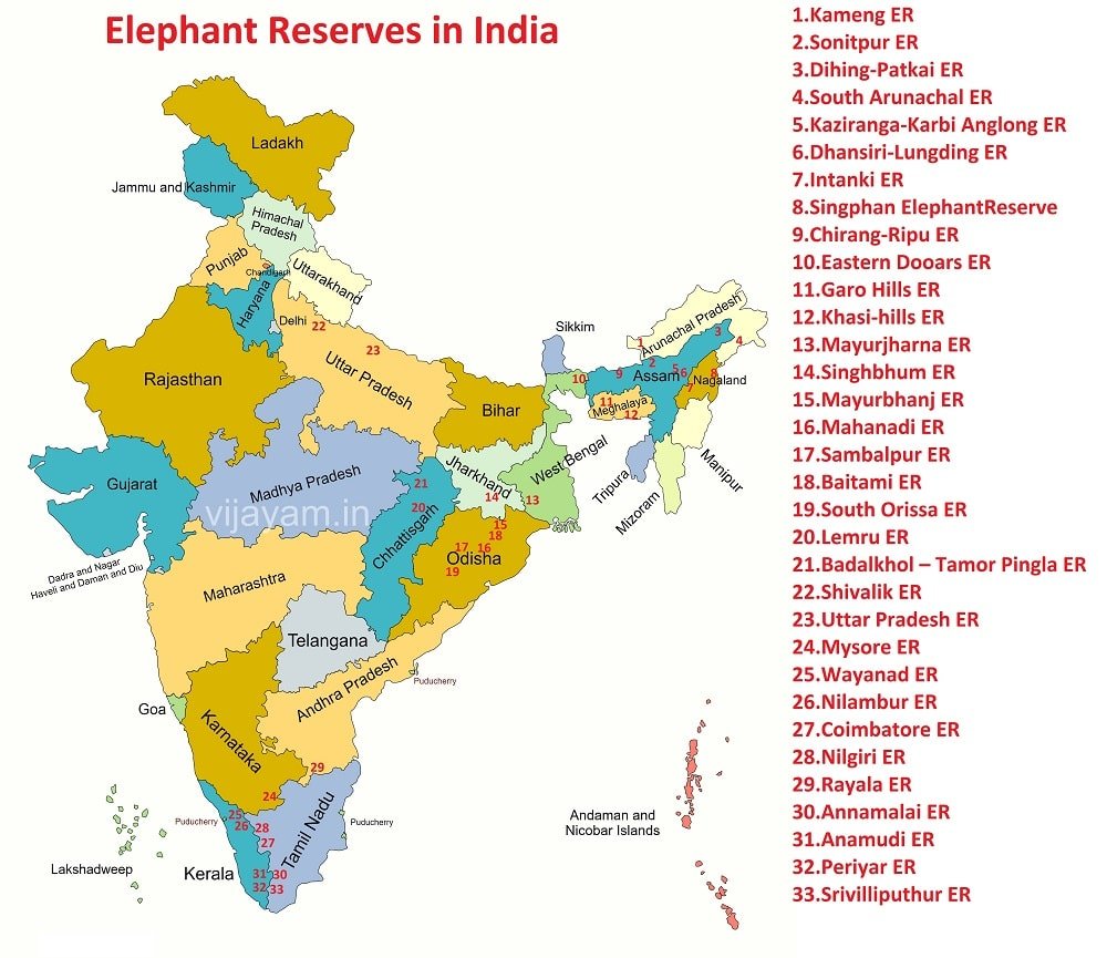 Elephant Reserves in India State-wise