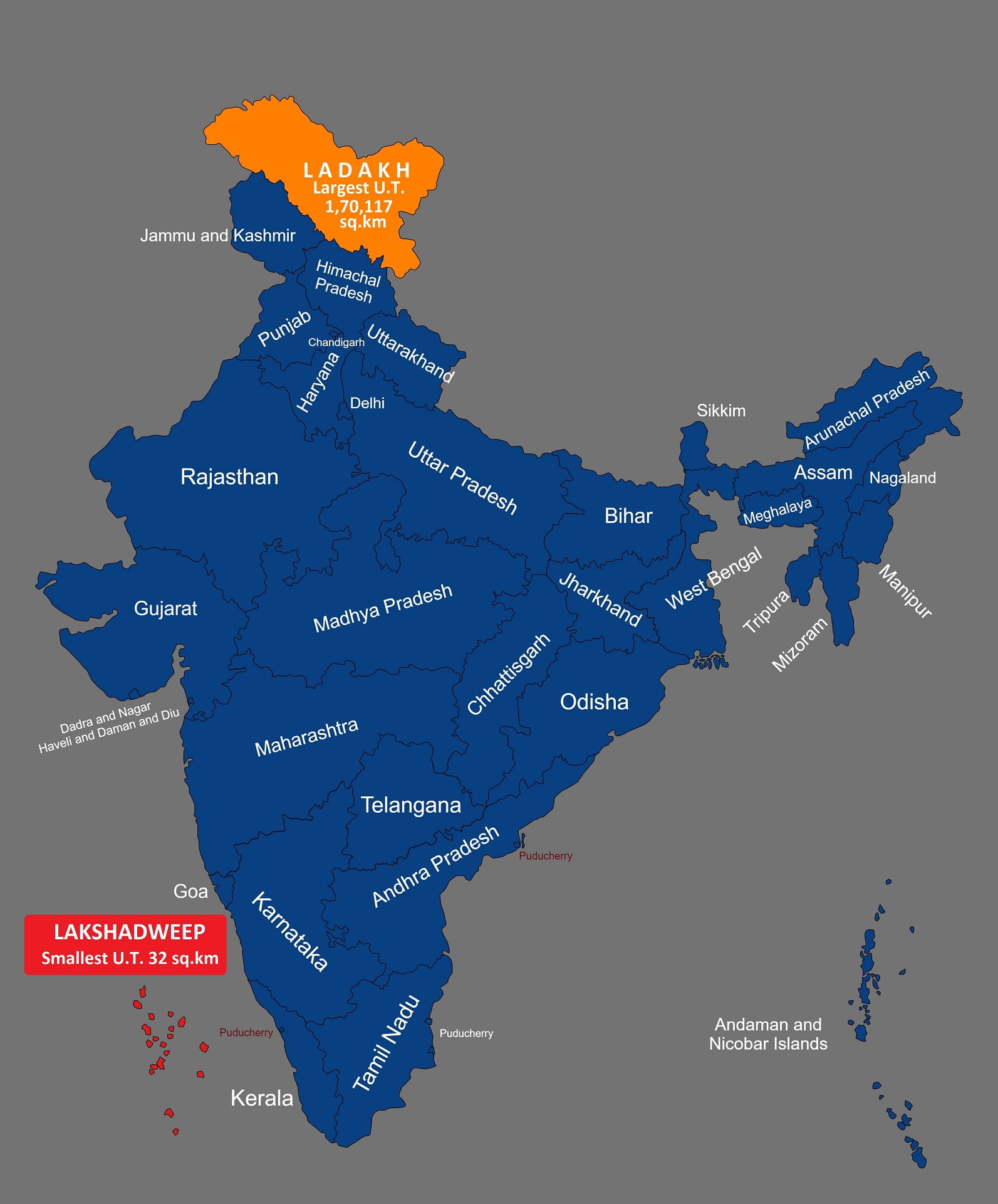 List of the Largest to Smallest Union Territories of India in terms of Area